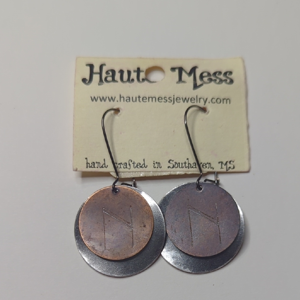 ❤️5/$25 Haut Mess Silver and Bronze Earrings Letter N